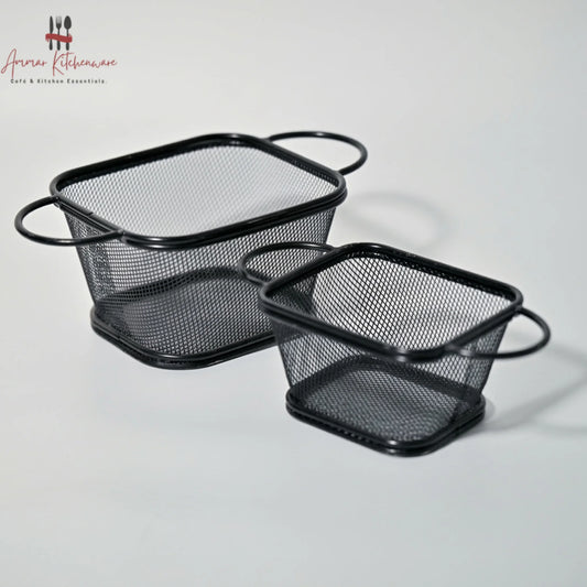 Matte black wire fry serving basket with fine mesh body and dual side handles for tabletop appetizer presentation