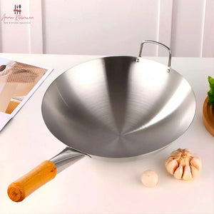 Stainless Steel Chinese Wok with Wooden Handle