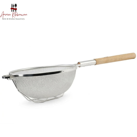 Commercial double mesh strainer with long wooden handle and heavy-duty reinforced wire support frame