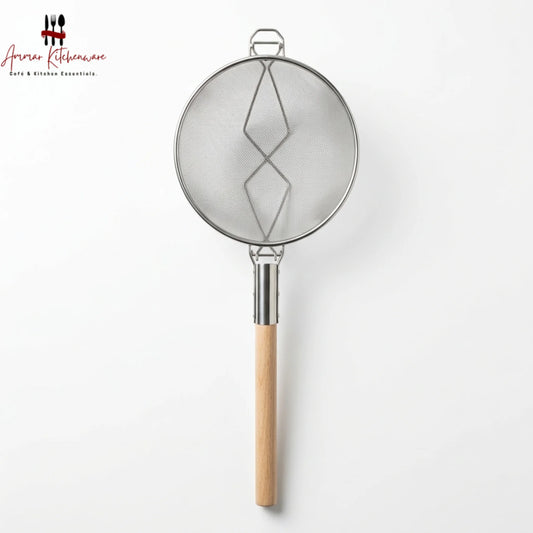 Commercial double mesh strainer with long wooden handle and heavy-duty reinforced wire support frame