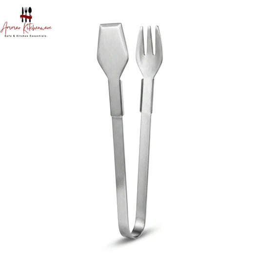 Stainless steel serving tongs with flat spatula and pronged fork heads for buffet dining and ice serving