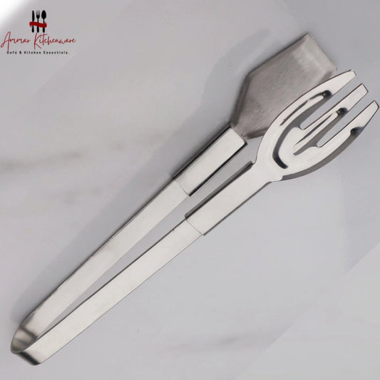 Stainless steel serving tongs with flat spatula and pronged fork heads for buffet dining and ice serving