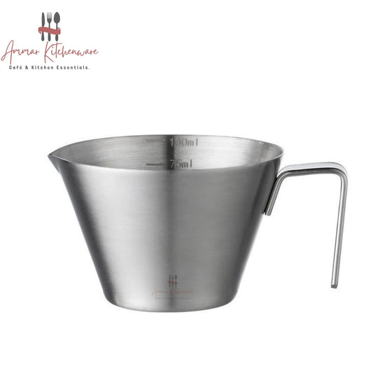 Stainless steel espresso measuring cup 100ml with handle and pouring spout showing internal volume markings