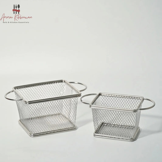 Stainless steel dual handle fry serving basket with diamond wire mesh and side loop handles for tabletop presentation