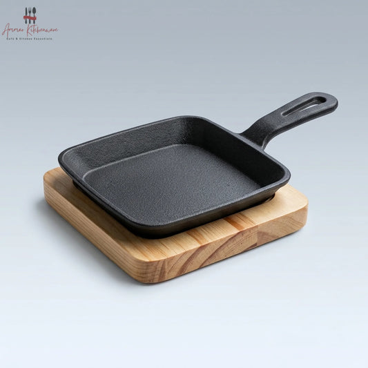 Mini Cast Iron Square Skillet Sizzler Pan with Wooden Base