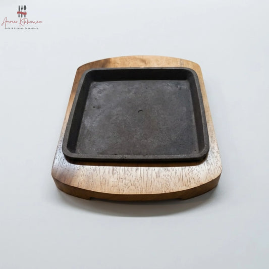 Square Cast Iron Sizzler Pan with Wooden Base