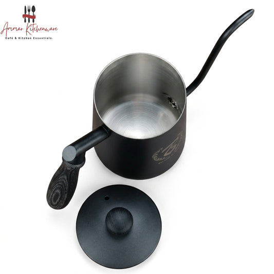 Barista Space 600ml matte black stainless steel gooseneck coffee kettle with wooden-grain handle for pour-over brewing