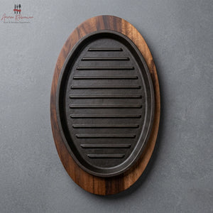 Cast Iron Oval Sizzler Pan with Wooden Base