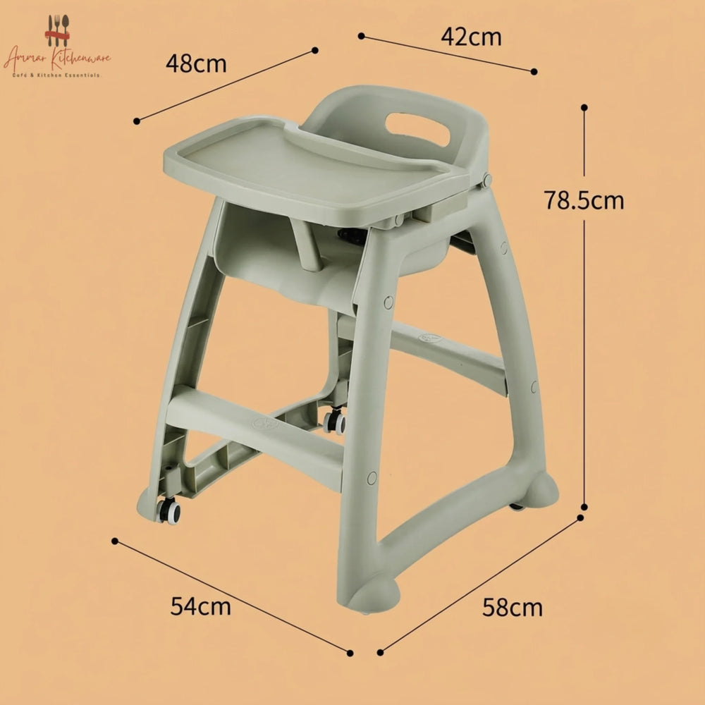 Commercial baby high chair with caster wheels, adjustable tray, and toddler dining in a restaurant