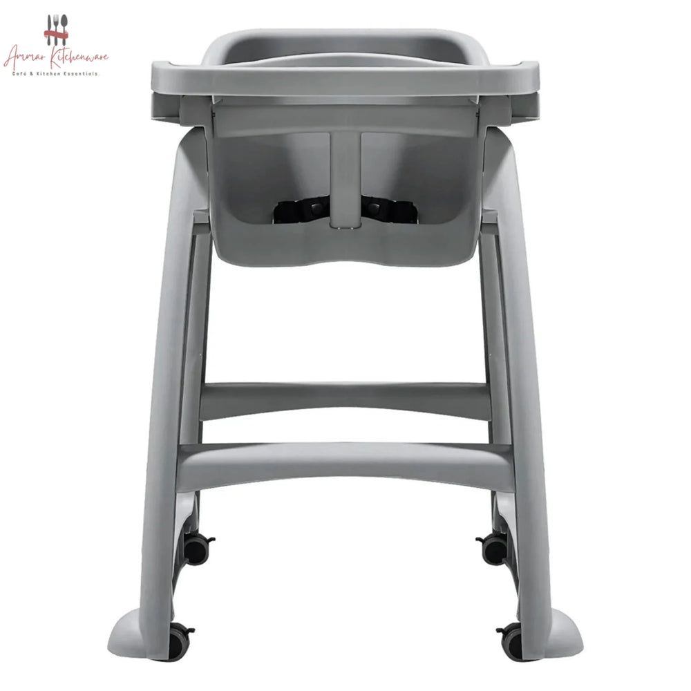 Commercial baby high chair with caster wheels, adjustable tray, and toddler dining in a restaurant