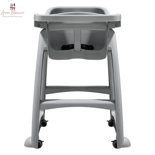 Commercial baby high chair with caster wheels, adjustable tray, and toddler dining in a restaurant