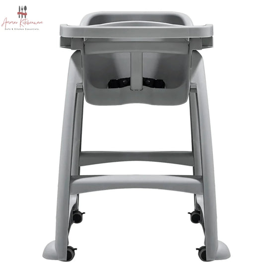Commercial baby high chair with caster wheels, adjustable tray, and toddler dining in a restaurant