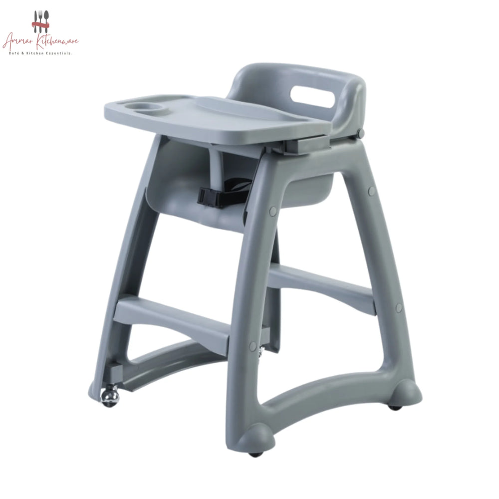 Commercial baby high chair with caster wheels, adjustable tray, and toddler dining in a restaurant