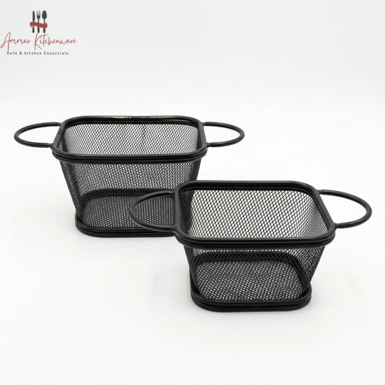 Matte black wire fry serving basket with fine mesh body and dual side handles for tabletop appetizer presentation