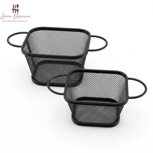 Matte black wire fry serving basket with fine mesh body and dual side handles for tabletop appetizer presentation
