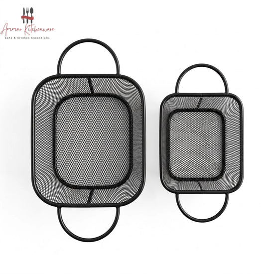 Matte black wire fry serving basket with fine mesh body and dual side handles for tabletop appetizer presentation
