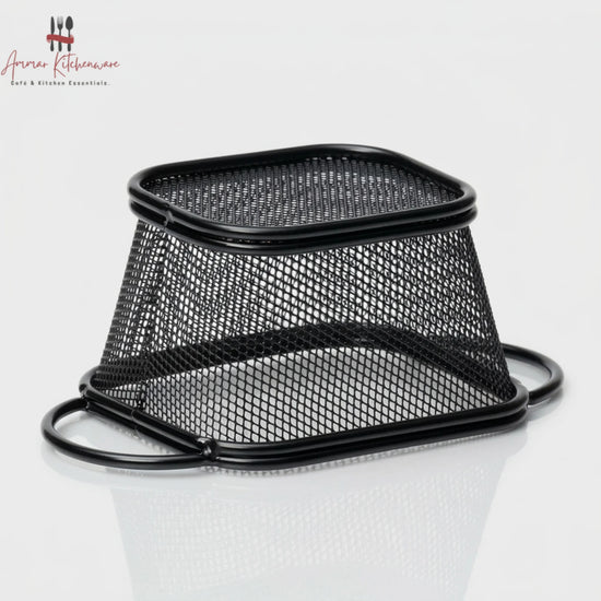 Matte black wire fry serving basket with fine mesh body and dual side handles for tabletop appetizer presentation