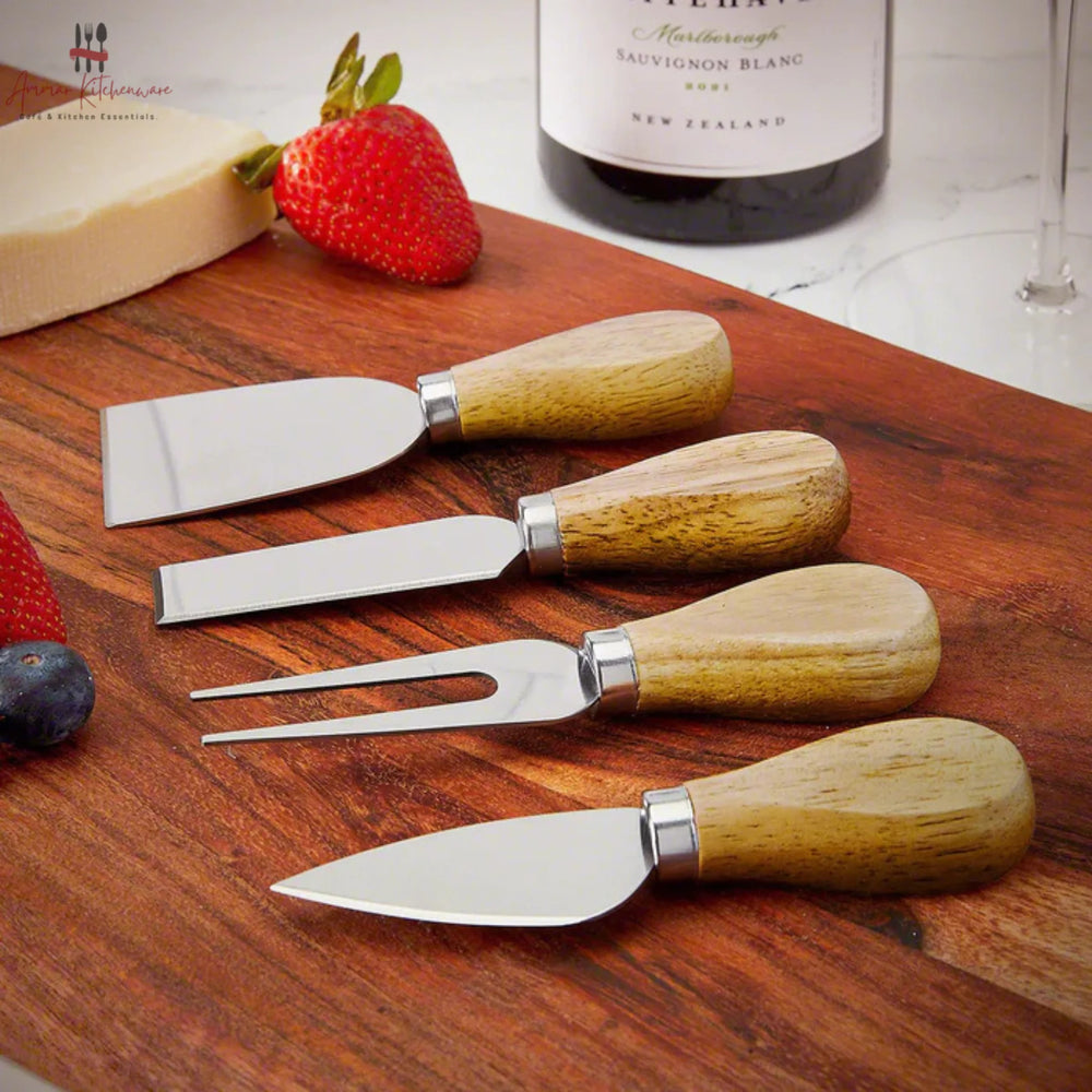 4 Piece Stainless Steel Cheese Knife Set with Wooden Handles