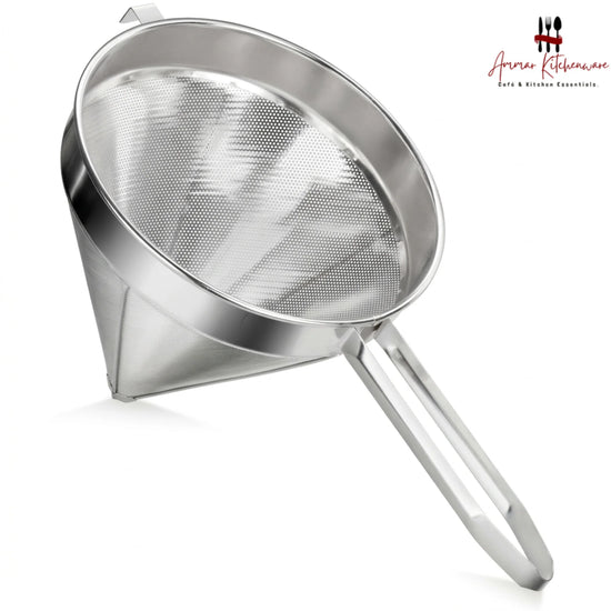 Stainless steel china cap strainer with perforated cone body, reinforced wire frame, and long handle