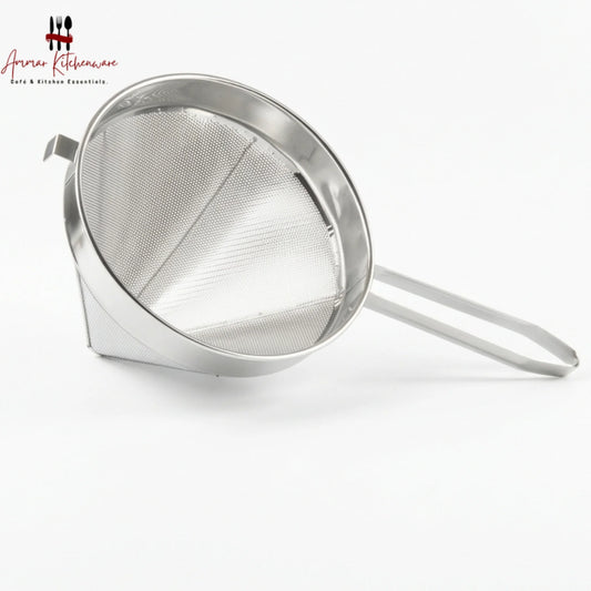 Stainless steel china cap strainer with perforated cone body, reinforced wire frame, and long handle
