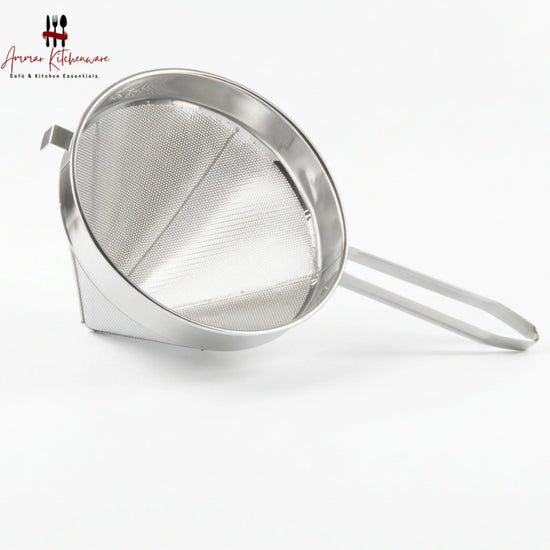 Stainless steel china cap strainer with perforated cone body, reinforced wire frame, and long handle