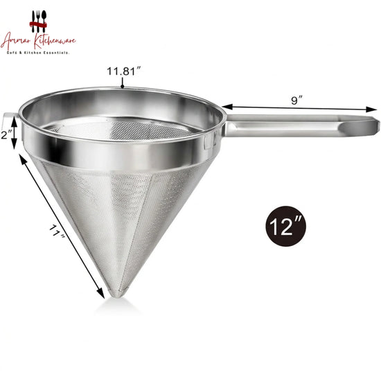 Stainless steel china cap strainer with perforated cone body, reinforced wire frame, and long handle
