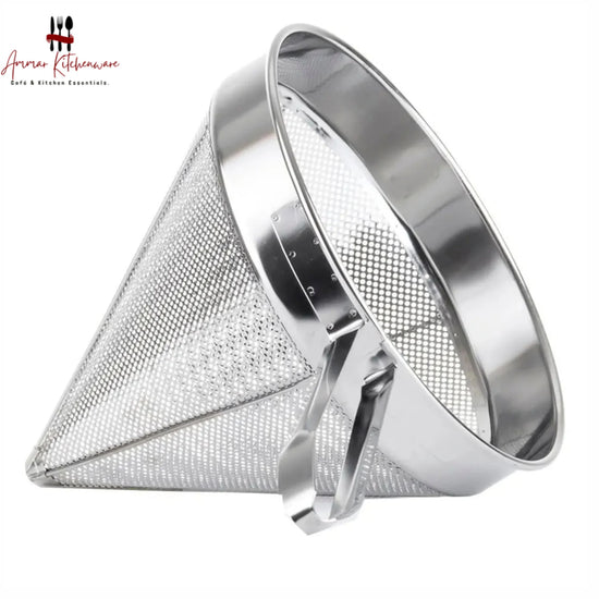Stainless steel china cap strainer with perforated cone body, reinforced wire frame, and long handle