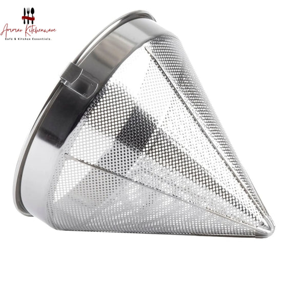 Stainless steel china cap strainer with perforated cone body, reinforced wire frame, and long handle