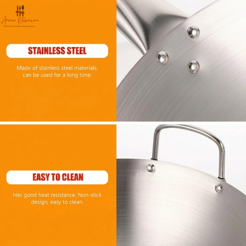 Stainless Steel Chinese Wok with Wooden Handle