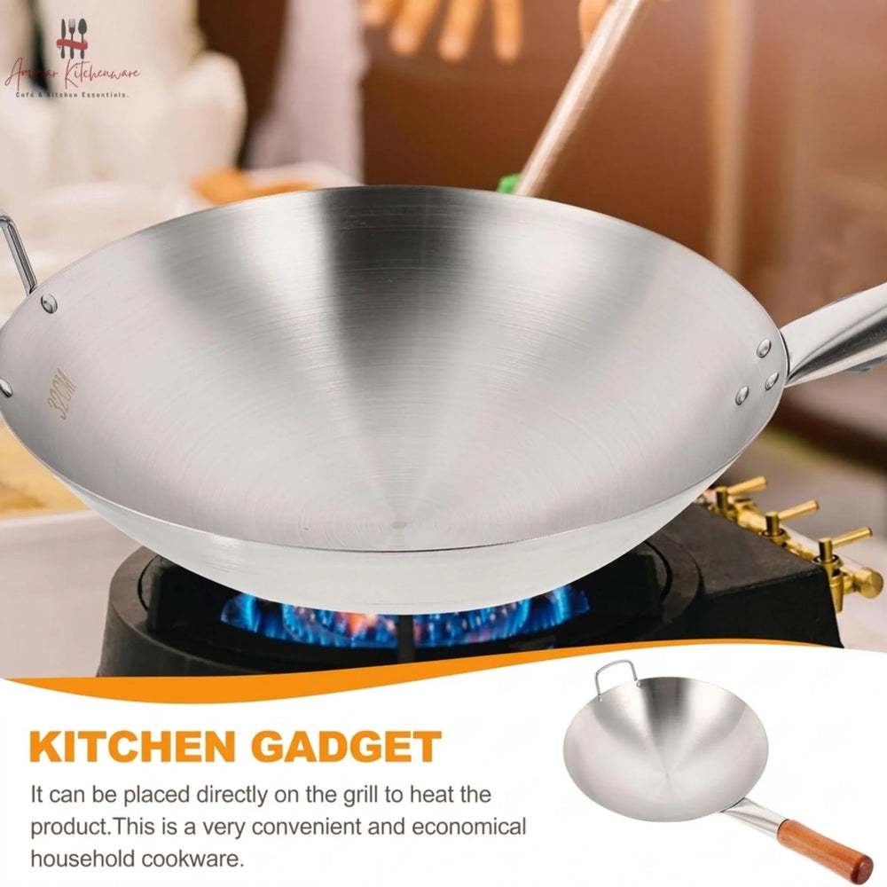 Stainless Steel Chinese Wok with Wooden Handle