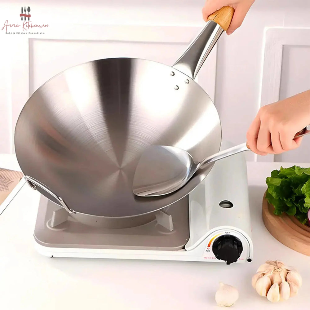 Stainless Steel Chinese Wok with Wooden Handle