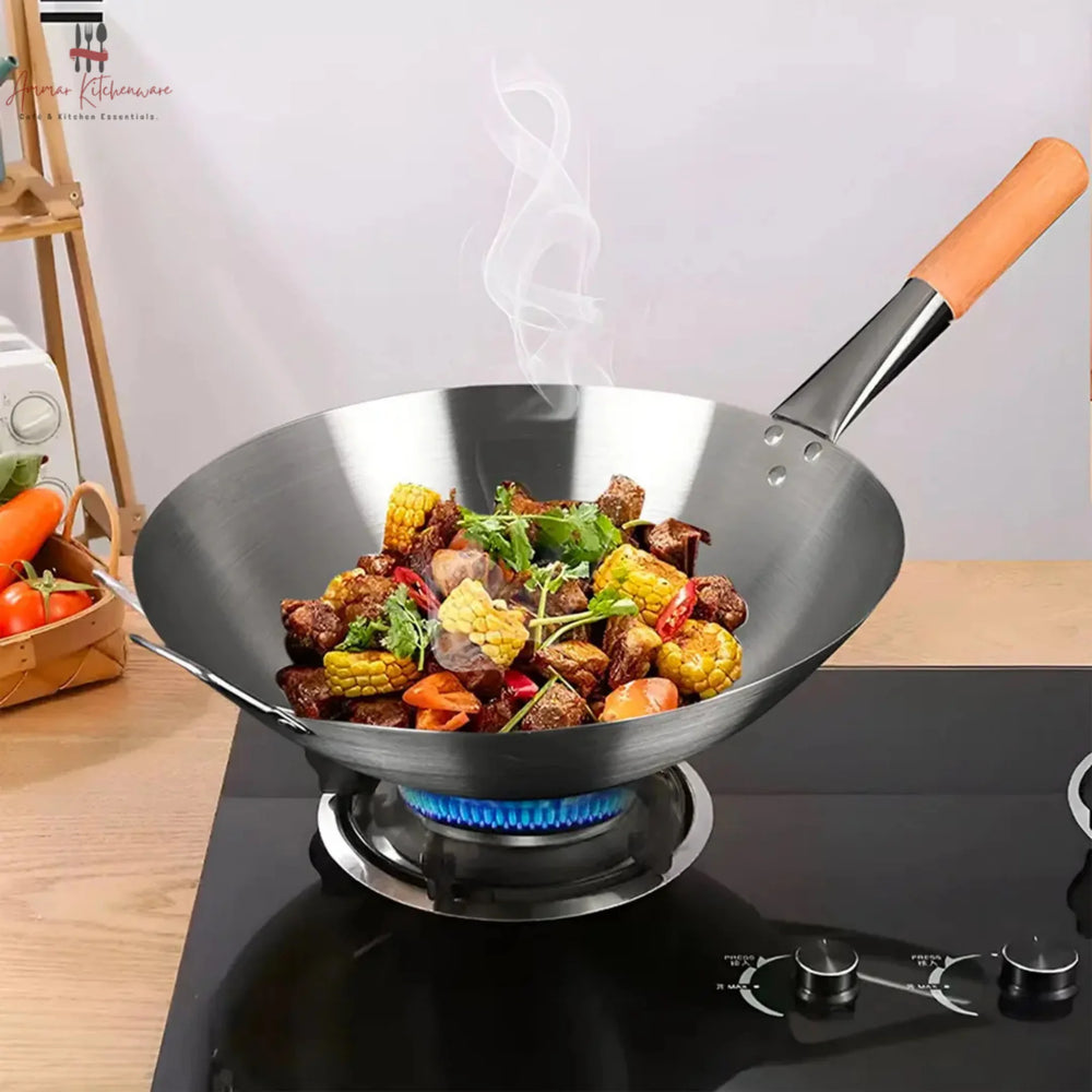 Stainless Steel Chinese Wok with Wooden Handle