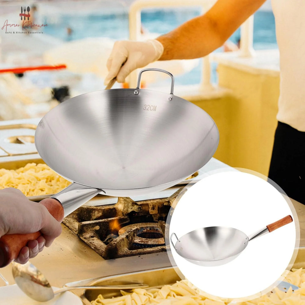 Stainless Steel Chinese Wok with Wooden Handle