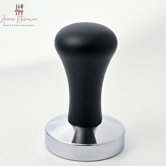 Espresso coffee tamper with ergonomic black handle and flat metal base