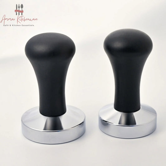 Espresso coffee tamper with ergonomic black handle and flat metal base