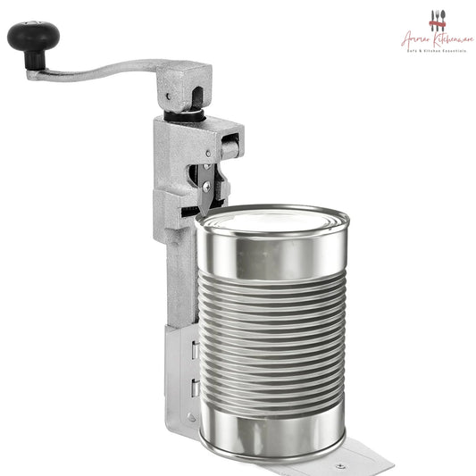 Commercial cast steel manual can opener featuring a table-mounted base plate and ergonomic turning handle.