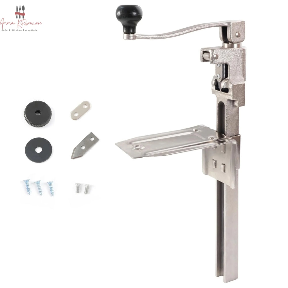 Commercial cast steel manual can opener featuring a table-mounted base plate and ergonomic turning handle.