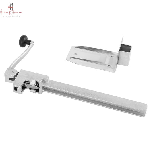 Commercial cast steel manual can opener featuring a table-mounted base plate and ergonomic turning handle.