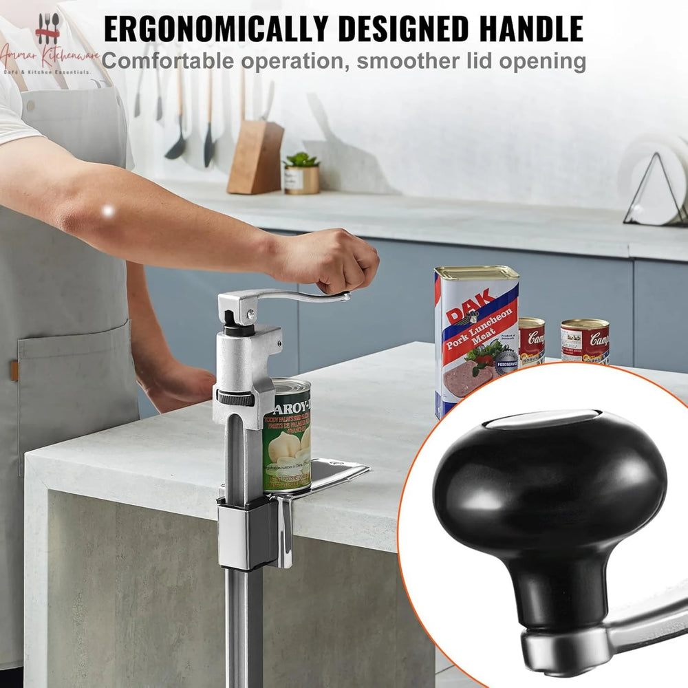 Commercial cast steel manual can opener featuring a table-mounted base plate and ergonomic turning handle.