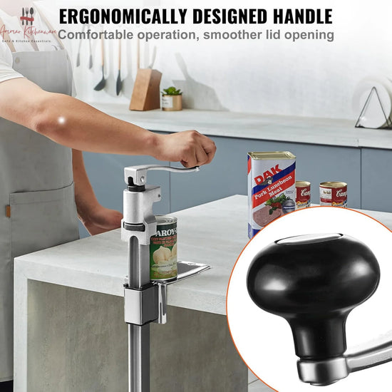 Commercial cast steel manual can opener featuring a table-mounted base plate and ergonomic turning handle.