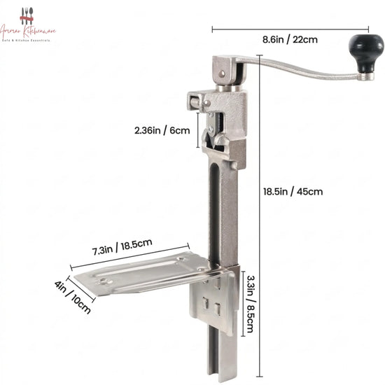 Commercial cast steel manual can opener featuring a table-mounted base plate and ergonomic turning handle.