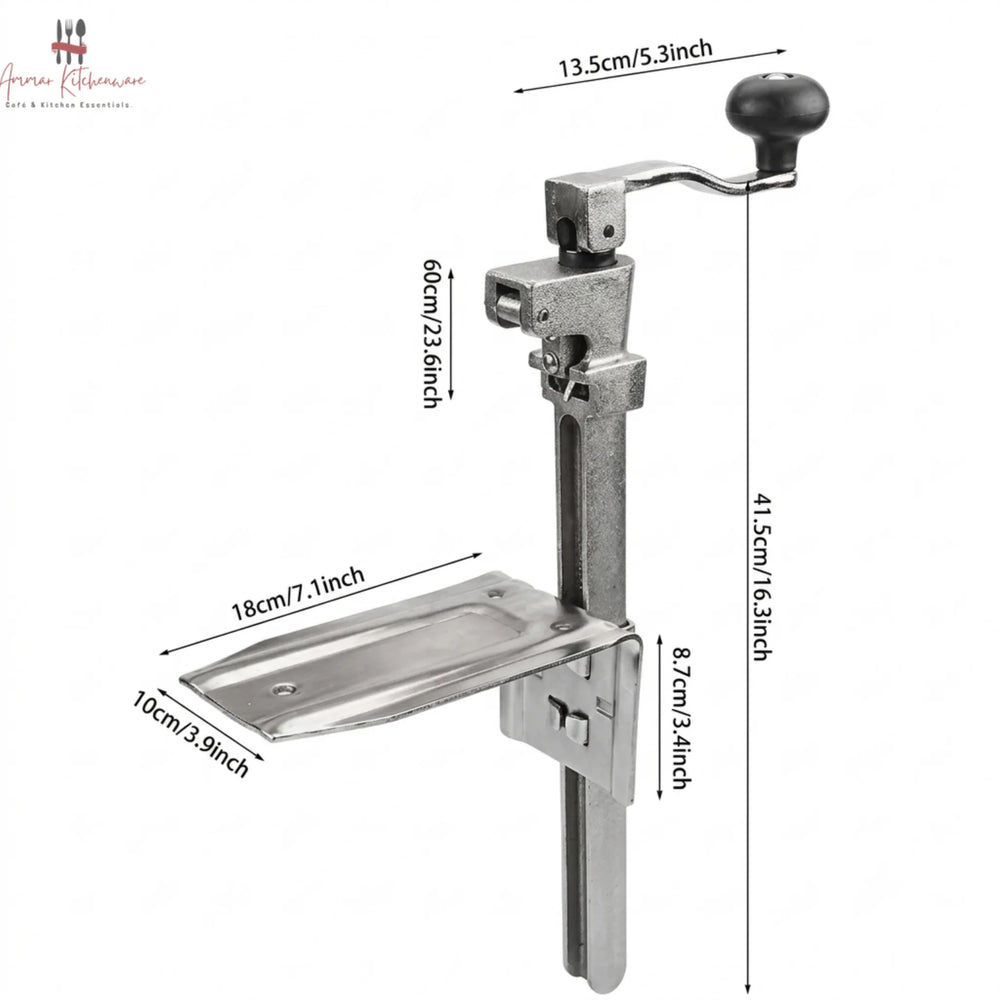 Commercial cast steel manual can opener featuring a table-mounted base plate and ergonomic turning handle.