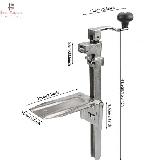 Commercial cast steel manual can opener featuring a table-mounted base plate and ergonomic turning handle.