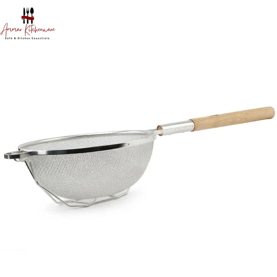 Commercial double mesh strainer with long wooden handle and heavy-duty reinforced wire support frame