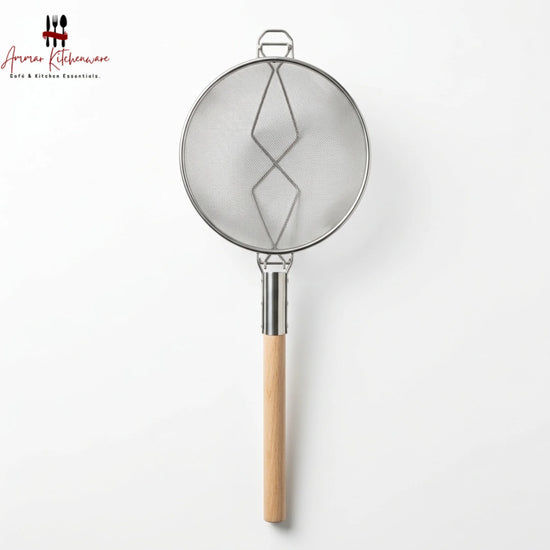 Commercial double mesh strainer with long wooden handle and heavy-duty reinforced wire support frame