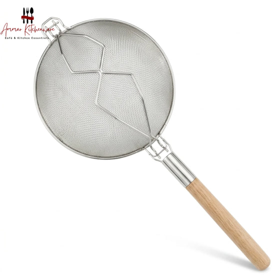 Commercial double mesh strainer with long wooden handle and heavy-duty reinforced wire support frame