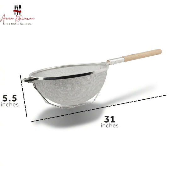 Commercial double mesh strainer with long wooden handle and heavy-duty reinforced wire support frame