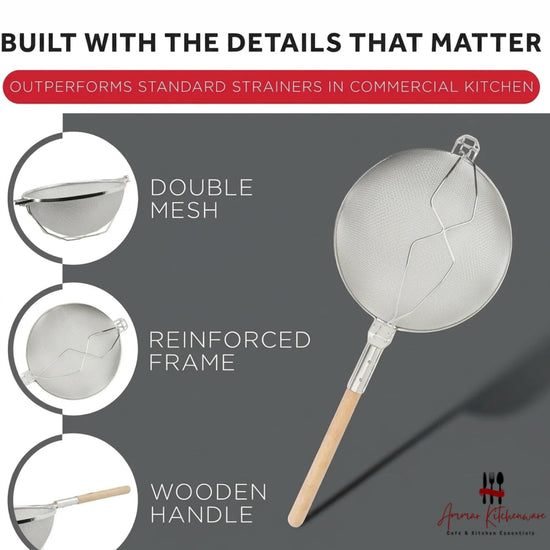 Commercial double mesh strainer with long wooden handle and heavy-duty reinforced wire support frame