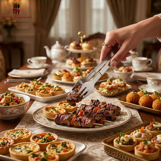 Stainless steel serving tongs with flat spatula and pronged fork heads for buffet dining and ice serving