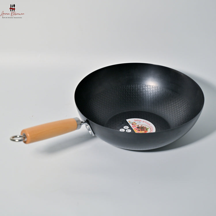 Stainless Steel Chinese Wok with Wooden Handle (Black)